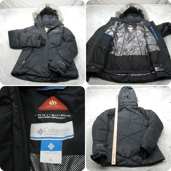 Columbia Down Jacket Womens Medium Black Omni Heat Hooded Water Resistant Puffer - Picture 1 of 14
